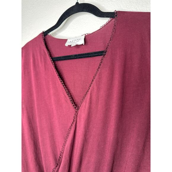 Sezane Burgundy & Black Thibault Bodysuit Crossover Neckline Short Sleeve - Picture 4 of 13